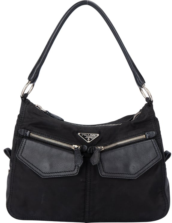 Prada Prada Black Nylon Triangle Twin Pocket Shoulder Bag