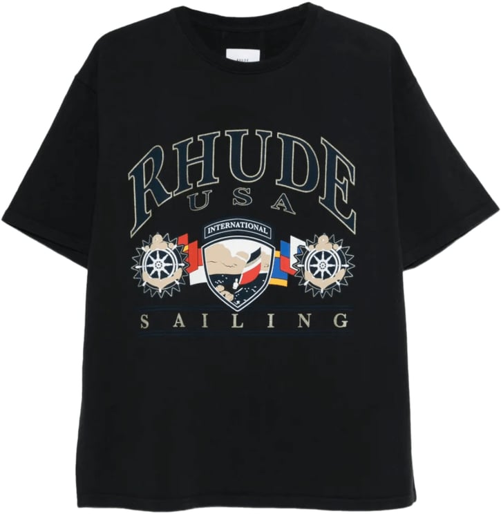 Rhude Vintage T-shirt met Amerikaans zeilicoon, zwart/wit.