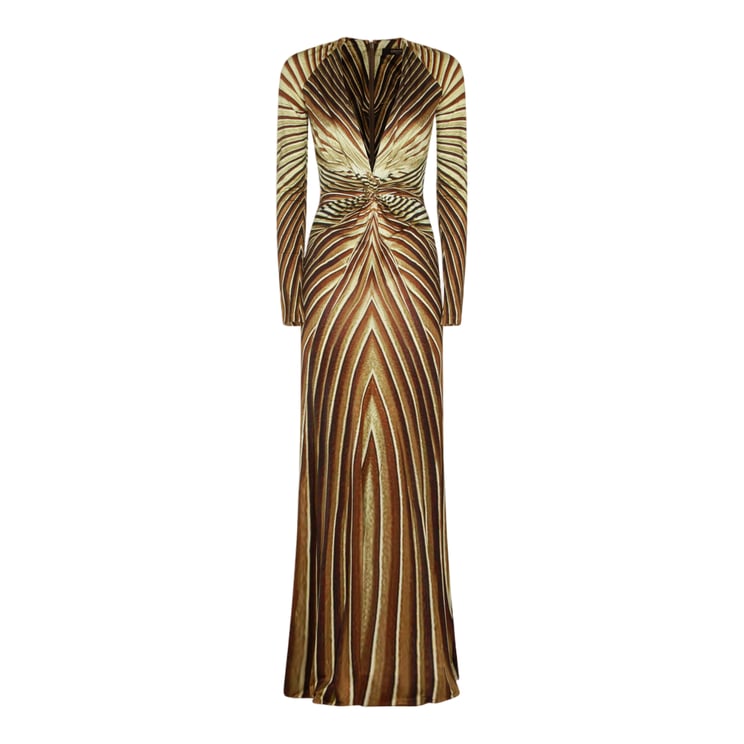 Roberto Cavalli Maxi Dress With Radiating Stripe Pattern And Gold-Tone Snake Detail
