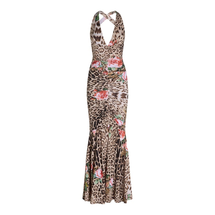 Roberto Cavalli Leopard Print Maxi Dress With Floral Accents And Ruched Detailing