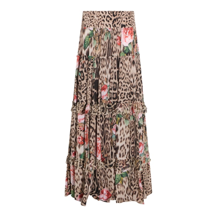 Roberto Cavalli Tiered Skirt with Leopard and Floral Patterns