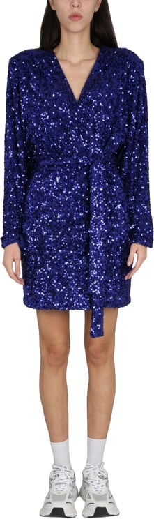 Rotate Deep V-Neck Sequined Evening Dress With Adjustable Belt