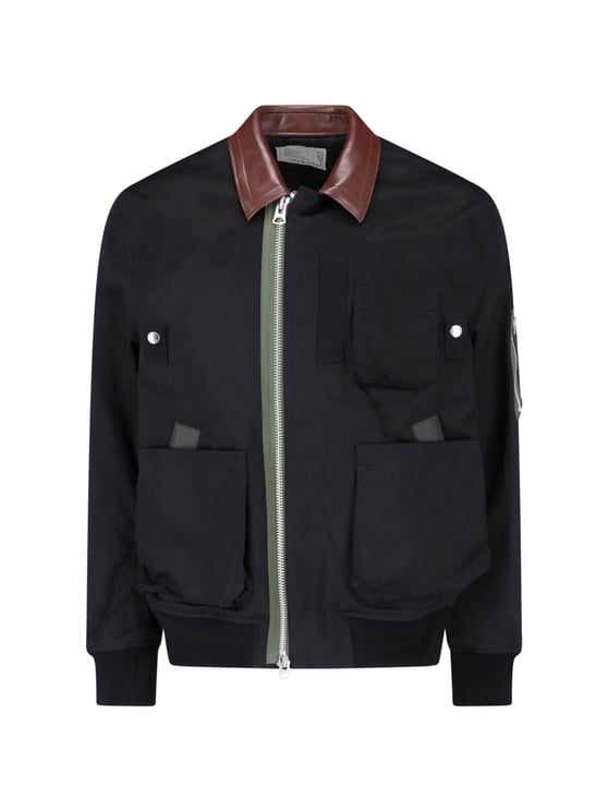 Sacai Black Cotton Leather Collar Jacket