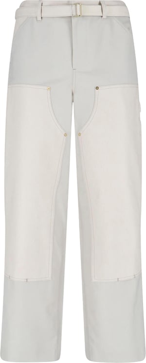 Sacai Double Knee White Pants With Mid-Rise Waist And Reinforced Patches