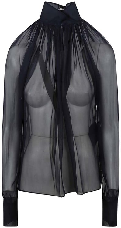 Saint Laurent High-Neck Sheer Silk Shirt With Delicate Pleating