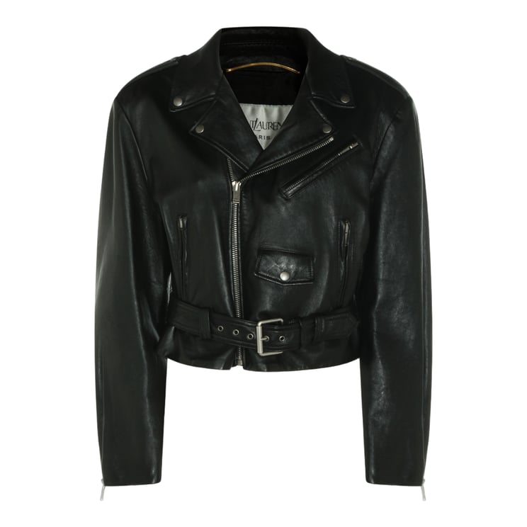Saint Laurent Cropped Black Leather Jacket with Asymmetrical Zipper