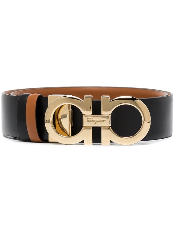 Salvatore Ferragamo Black Gancini Buckle Reversible Leather Belt