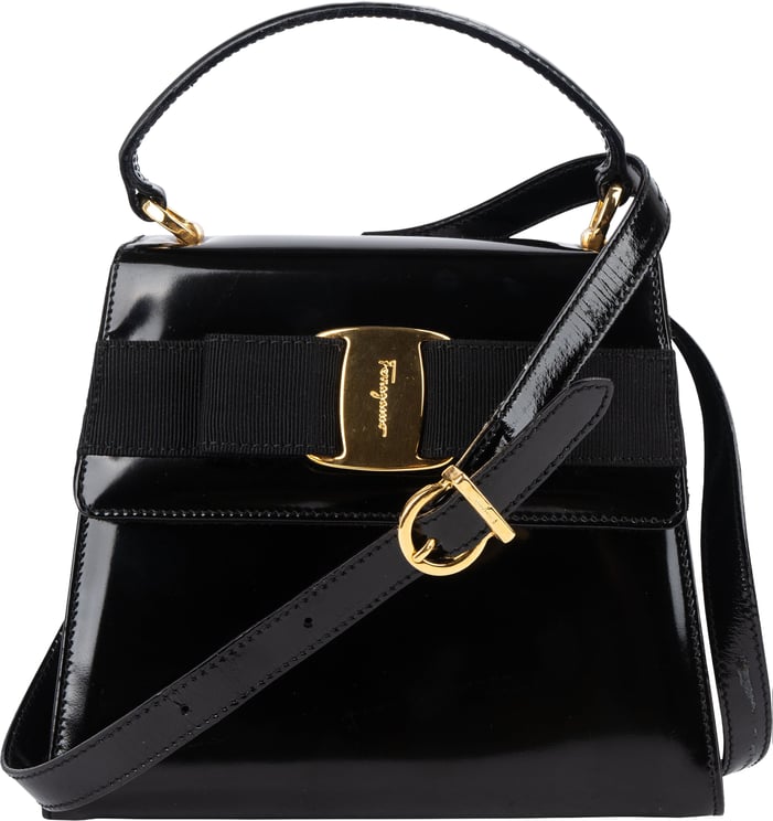 Salvatore Ferragamo Salvatore Ferragamo Black Patent Calf Leather Vara Bow Top Handle Handbag