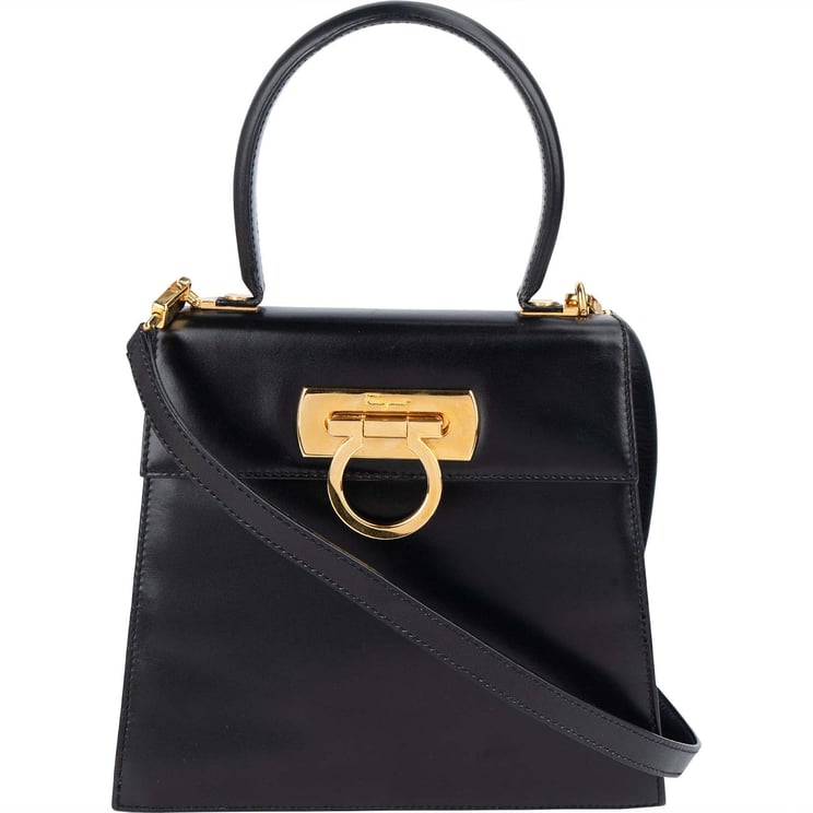Salvatore Ferragamo Salvatore Ferragamo Black Boxcalf Leather Gancini Top Handle Handbag