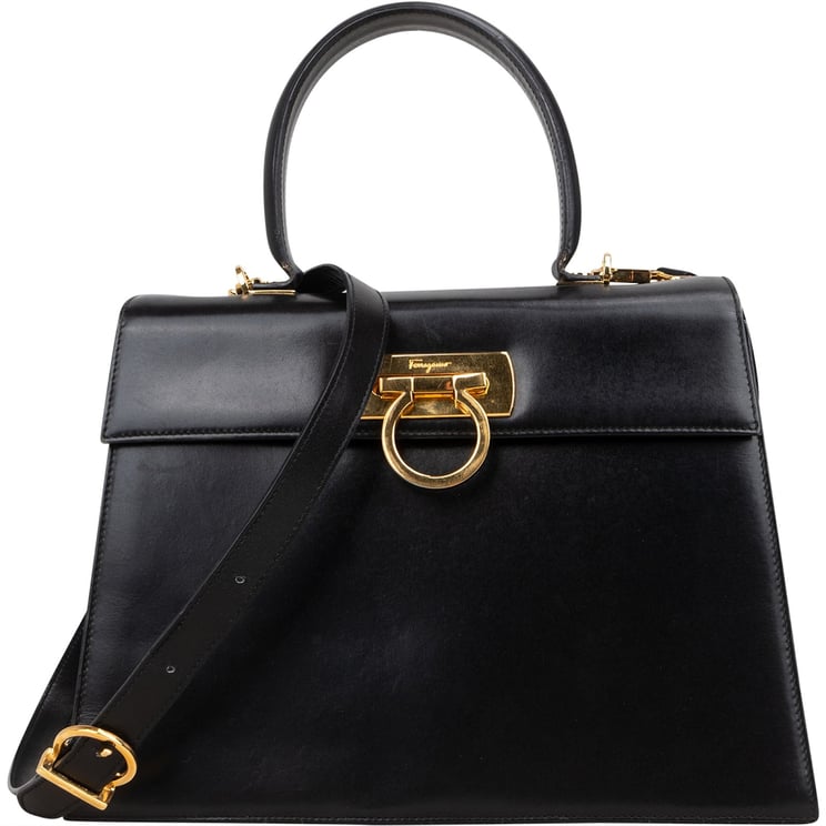 Salvatore Ferragamo Salvatore Ferragamo Black Leather Calfskin Gancini Top Handle Handbag