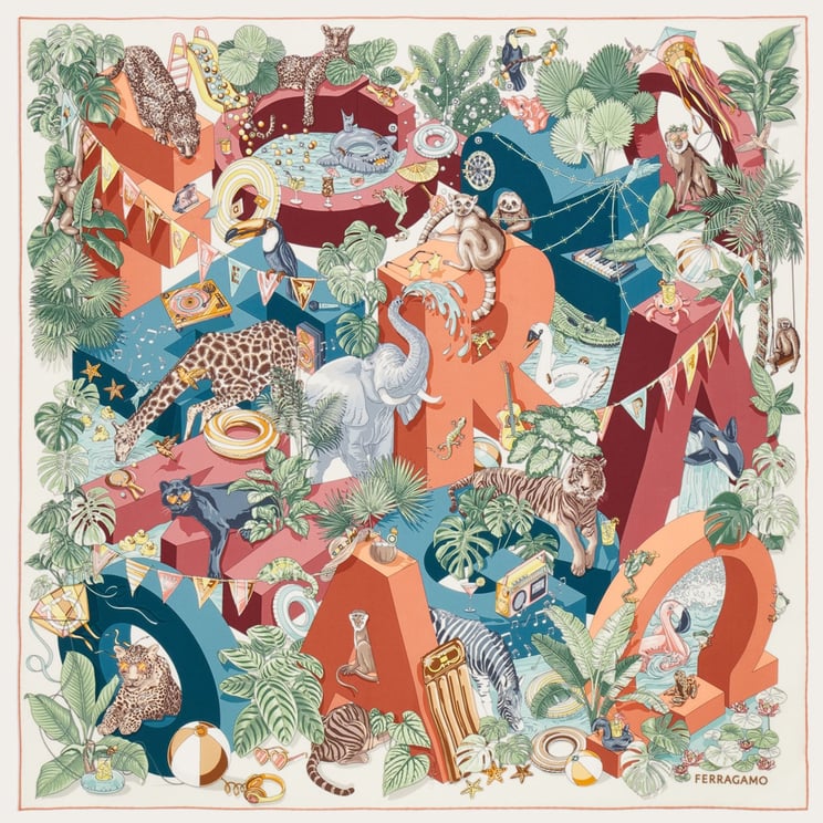 Salvatore Ferragamo Jungle Party Print Silk Scarf