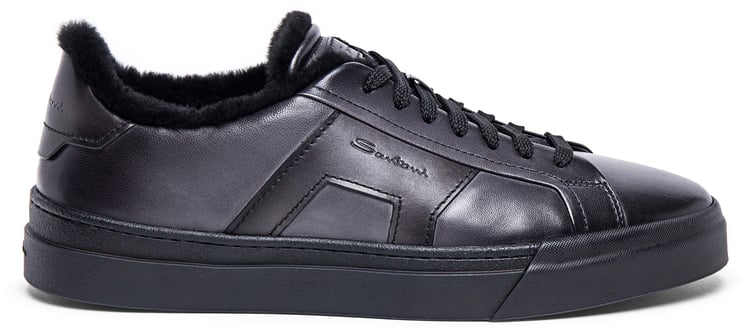 Santoni Men’s leather Double Buckle Sneaker with fur