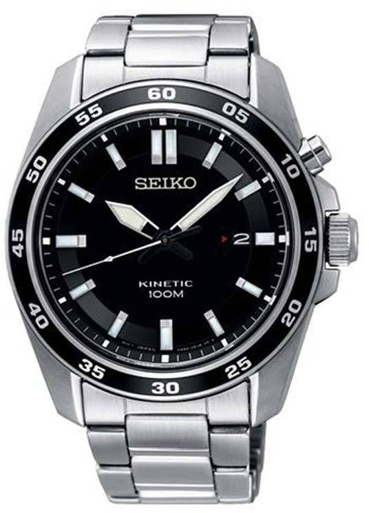 Seiko Seiko Heren Horloge SKA785P1 Staal Kinetic 100m Waterdicht met Zwarte Wijzerplaat 43mm