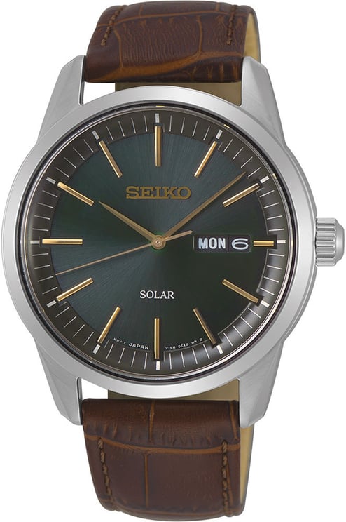Seiko Seiko Horloge SNE529P1 Staal Solar Saffierglas 100m Waterdicht met Bruine Leren Horlogeband 40mm