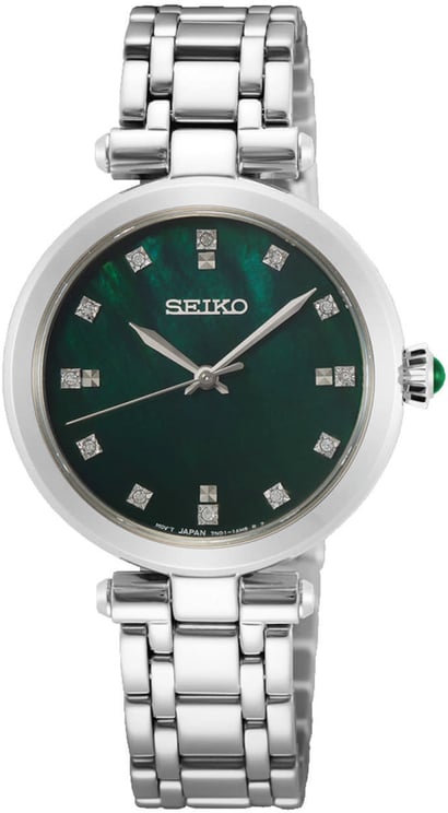 Seiko Seiko Horloge SRZ535P1 Staal Quartz Saffierglas 50m Waterdicht met GroeneWijzerplaat en Diamant 30mm