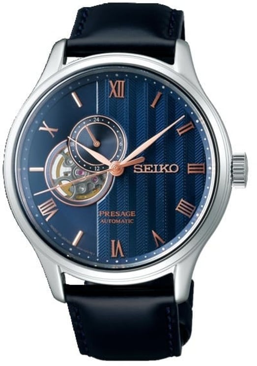 Seiko Seiko SSA421J1 herenhorloge staal automaat met blauwe wijzerplaat openheart met blauw leren band