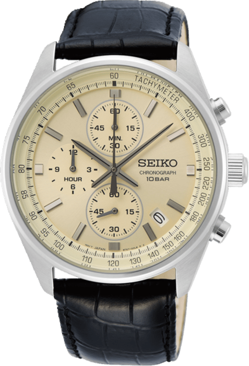 Seiko HEREN CHRONO STAAL ZWART LEER CREME 100M WR SSB383P1