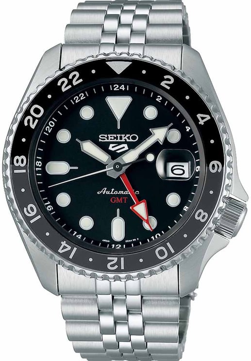Seiko Seiko Horloge SSK001K1 5 Sports Staal Automaat GMT 100m Waterdicht met Zwarte Wijzerplaat 42mm
