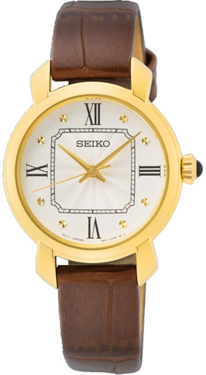 Seiko Seiko Horloge SUR500P1 Staal met Geelgouden Plating 50m Waterdicht en Bruin Leren Horlogeband 29mm