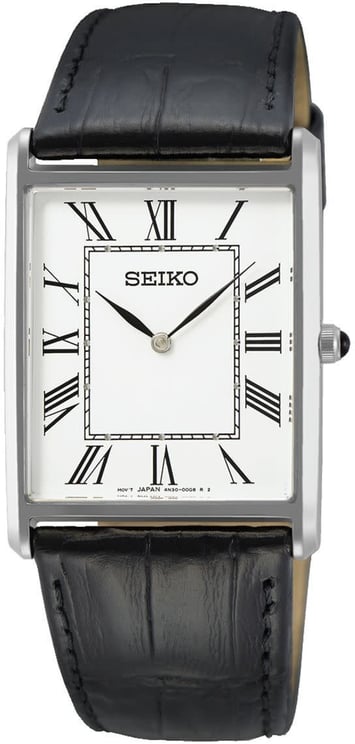 Seiko Seiko Horloge SWR103P1 Staal Vierkant Quartz met Saffier Glas 50m Waterdicht en Zwart Leren Horlogeband 22x38mm