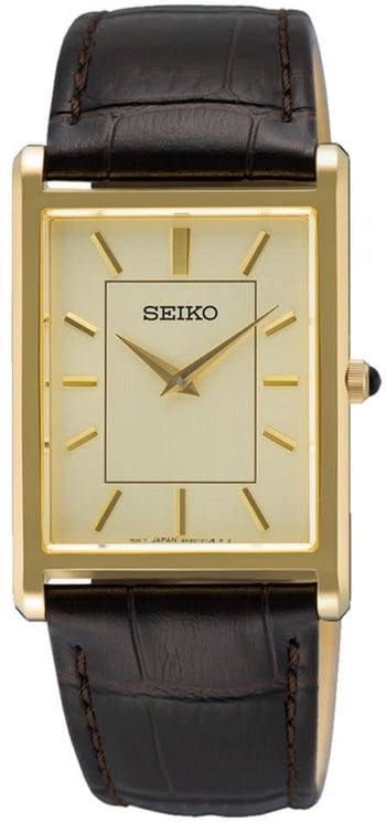 Seiko Seiko Horloge SWR106P1 Staal met Geelgouden Plating Quartz Saffierglas 50m Waterdicht met Bruine Leren Horlogeband 27mm x 38mm