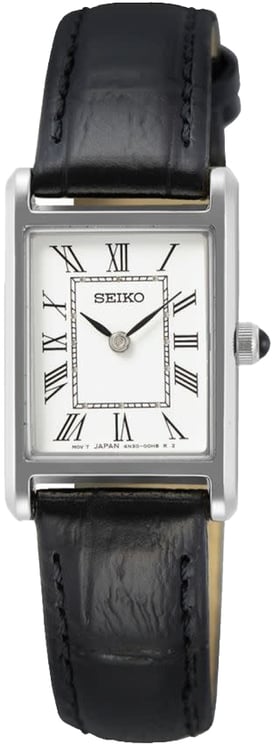 Seiko Seiko Horloge SWR107P1 Staal Vierkant Quartz 50m Waterdicht Saffierglas met Zwart Leren Horlogeband 28.4 x 18.9mm