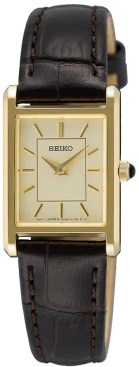 Seiko Seiko Horloge SWR110P1 Staal met Geelgouden Plating Quartz Saffierglas 50m Waterdicht met Bruine Leren Horlogeband 19mm x 23mm