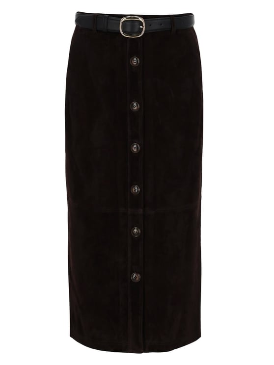 Self-Portrait Button-Down Slim Belt Suede Midi Skirt
