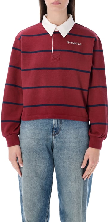 Sporty & Rich Serif Logo Rugby Polo Merlot Navy Stripe