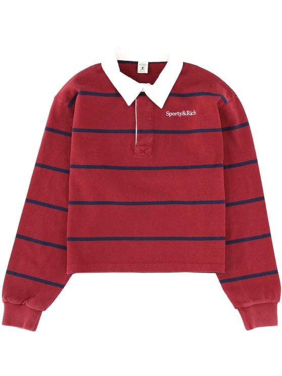 Sporty & Rich Red Cotton Striped Cropped Polo Shirt