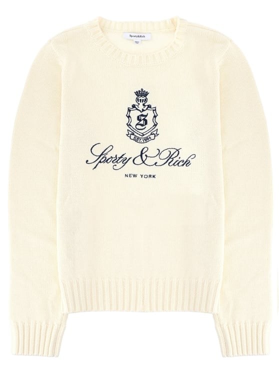Sporty & Rich Logo Ribbed Cotton Crewneck Sweater