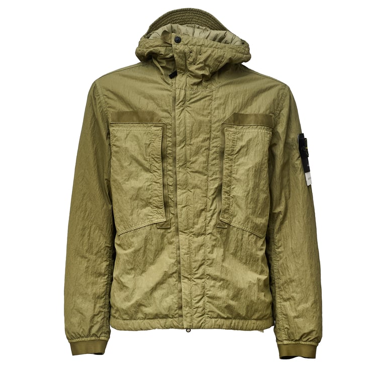 Stone Island Short Green Nylon-TC Parka with Padded Hood