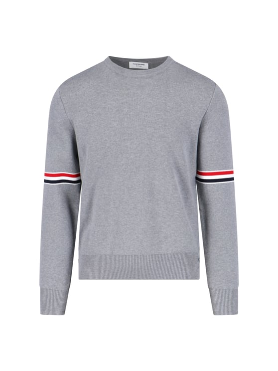 Thom Browne Grey Cotton Crewneck Sweater With Tricolor Grosgrain Highlights