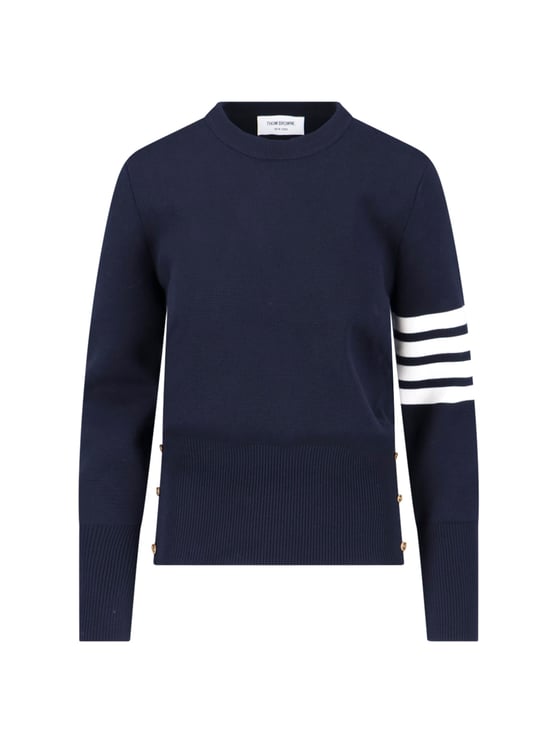 Thom Browne Navy Blue Cotton Sweater with Distinctive Four-Bar Stripes