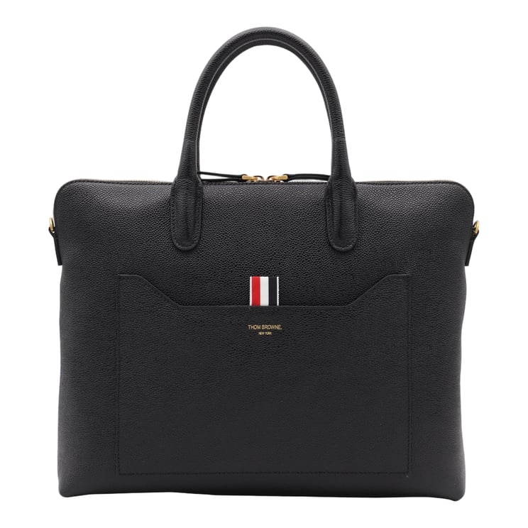 Thom Browne Textured Black Leather Briefcase with Gold Hardware
