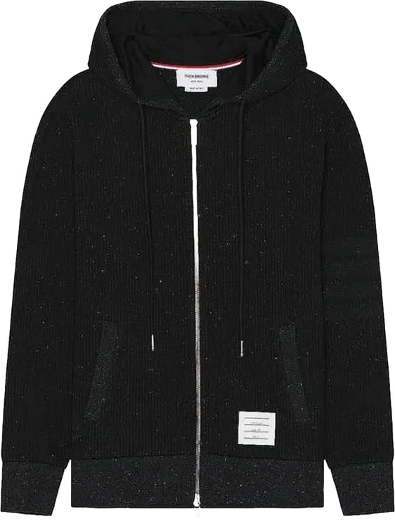 Thom Browne Ribbed Black Zip-Up Hoodie with Multicolored Speckles