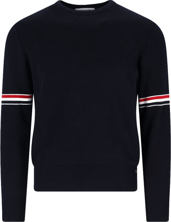 Thom Browne Navy Blue Cotton Sweater With Tricolor Grosgrain Accents