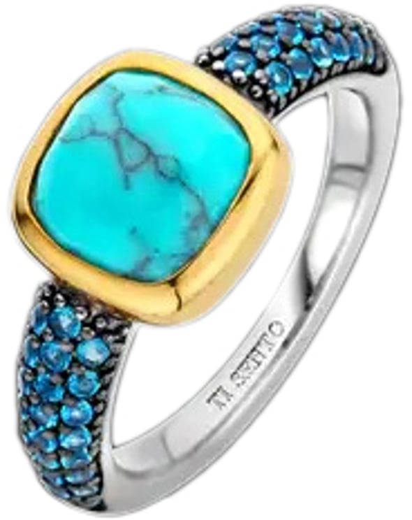 Ti Sento Ti Sento Ring 12331TQ/54 Zilvere ring met gouden plating om de zetting Turqouise steen en blauwe zirkonia's