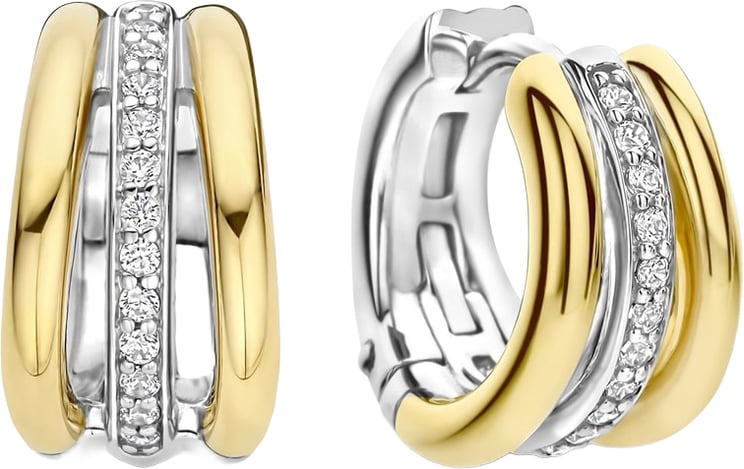 Ti Sento Ti Sento Oorbellen 78010ZY Zilver met Geelgouden Pleting Drie Ringetjes met Zirkonia 14mm