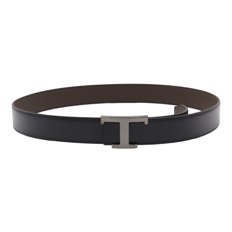 Tod's Black Leather Belt with Polished 'T' Buckle