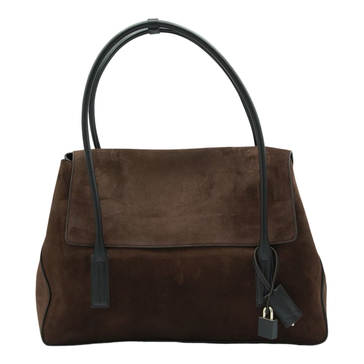 Tom Ford Dark Brown Suede Handbag With Leather Accents And Padlock Detail