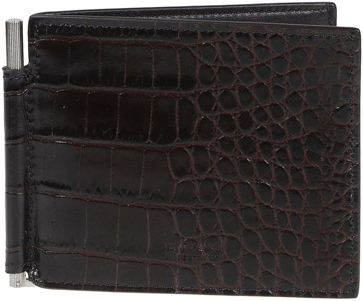 Tom Ford Shiny Printed Croc T Line Money Clip Wallet Brown