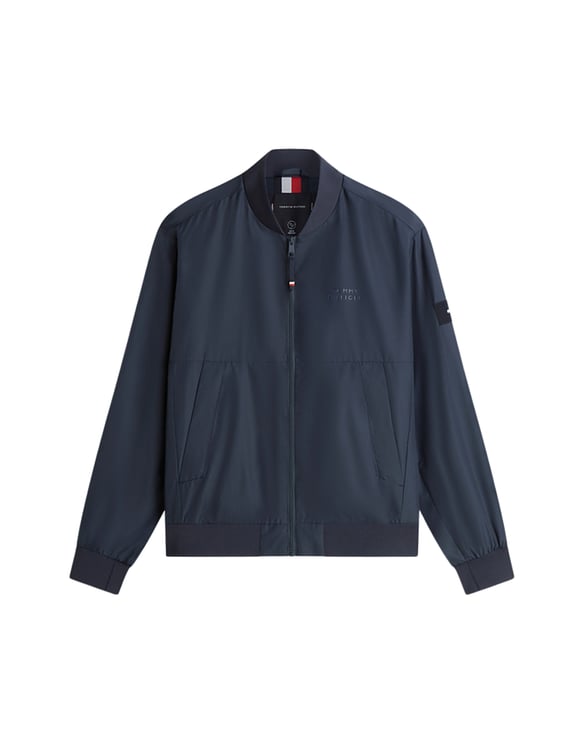 Tommy Hilfiger Water-Resistant Navy Bomber Jacket With Baseball Collar And Storm Flap