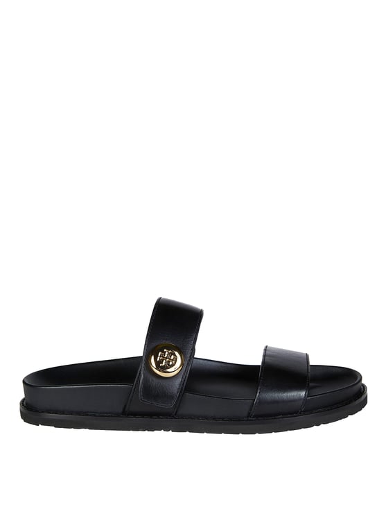 Tory Burch Romy Leather Metallic Emblem Slides