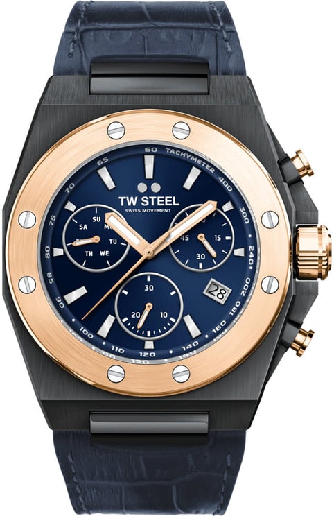 TW Steel TW Steel Horloge Heren CE4086 Chronograaf Staal met Zwarte Plating  en met Rosé Bezel.