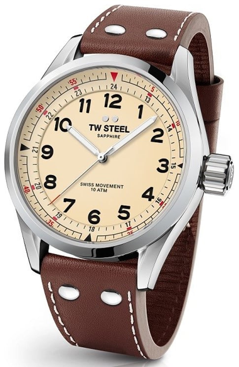 TW Steel TW Steel Horloge SVS101 Volante Staal Quartz Swiss made met Bruin Leren Horlogeband 45mm