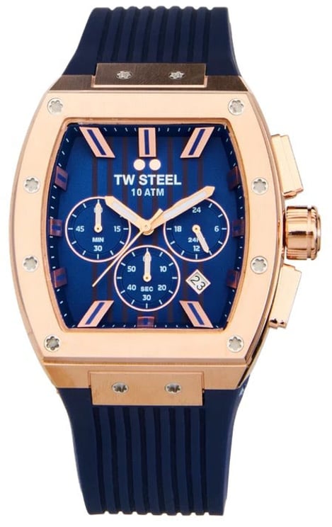 TW Steel TW Steel Horloge TO3 Staal Rechthoekige Kast met Rosegouden Plating Quartz Chronograaf en met Rubberen Band met Vouwsluiting