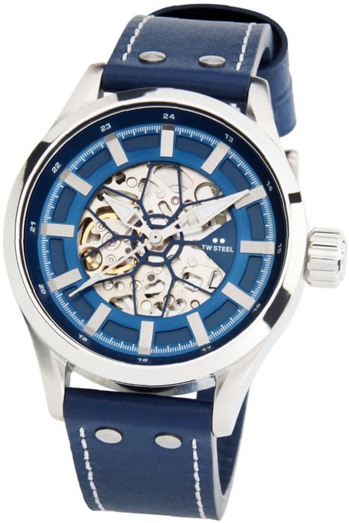TW Steel TW Steel Horloge VS132 Staal Automaat Open wijzerplaat en Blauw Leren Horlogeband