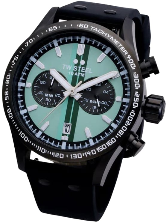 TW Steel TW Steel Horloge VS134 Volante Sport Staal met Zwarte Coating Quartz Chronograaf Mint Groene Wijzerplaat 45mm
