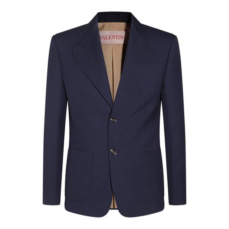 Valentino Tailored Blue Wool Blazer With Notch Lapel And Branded Buttons